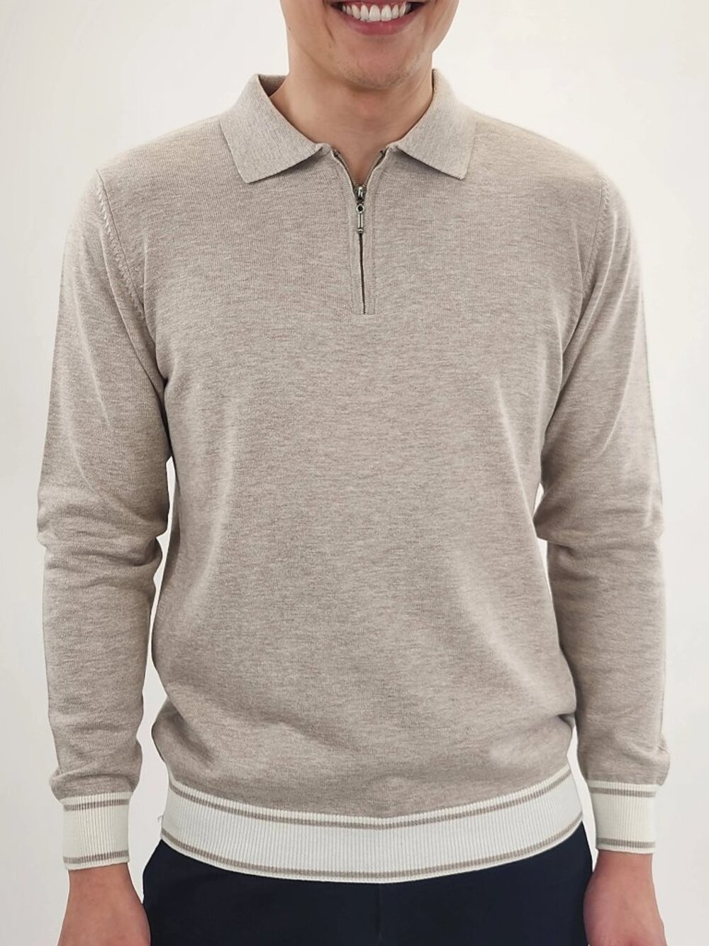 Jakamen Oatmeal Striped Rib Quarter Zip Polo